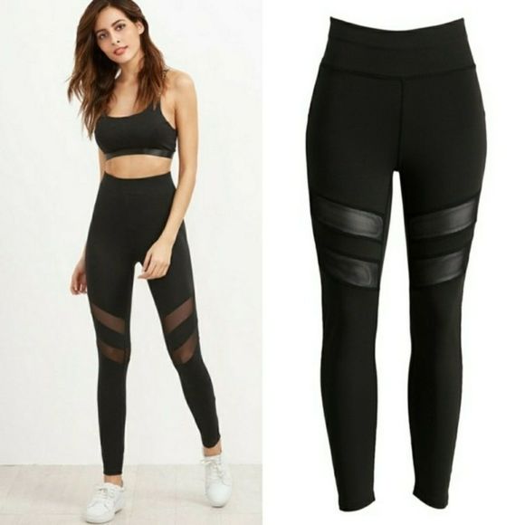 Leggings High Waist Mesh Insert Black - Picture 1 of 2